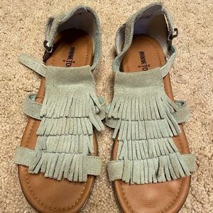 Minnetonka Gray Suede Fringe Sandals